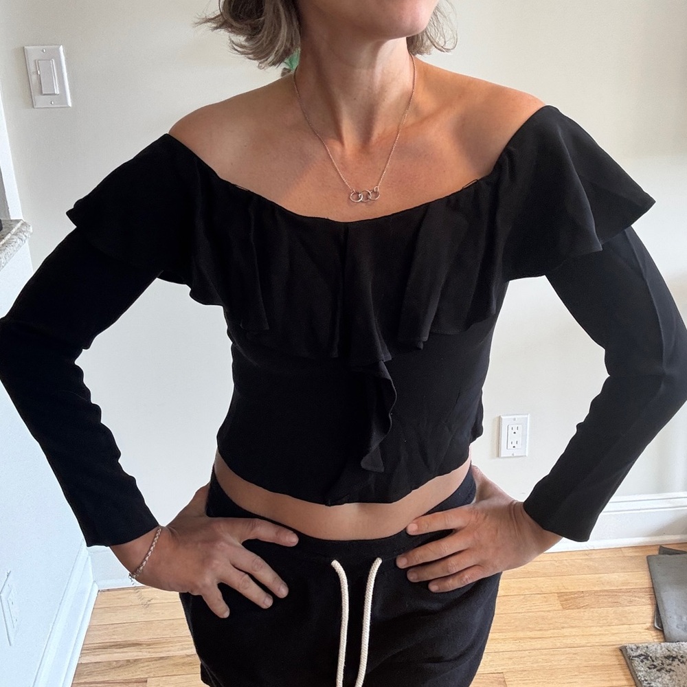 INTERMIX Black Ruffled Crop Blouse
